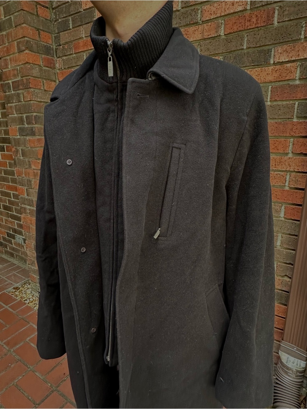 Cole Haan Black Men's Wool and Cashmere Pea Coat with Zip-Front Layer Old Money